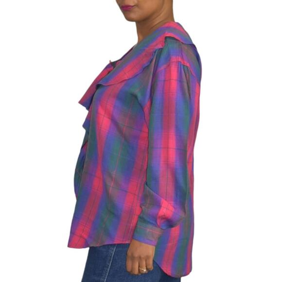 Ruffle Collar Blouse Vintage Pink Purple Plaid 90s Button Front Top Size Medium - Picture 11 of 12